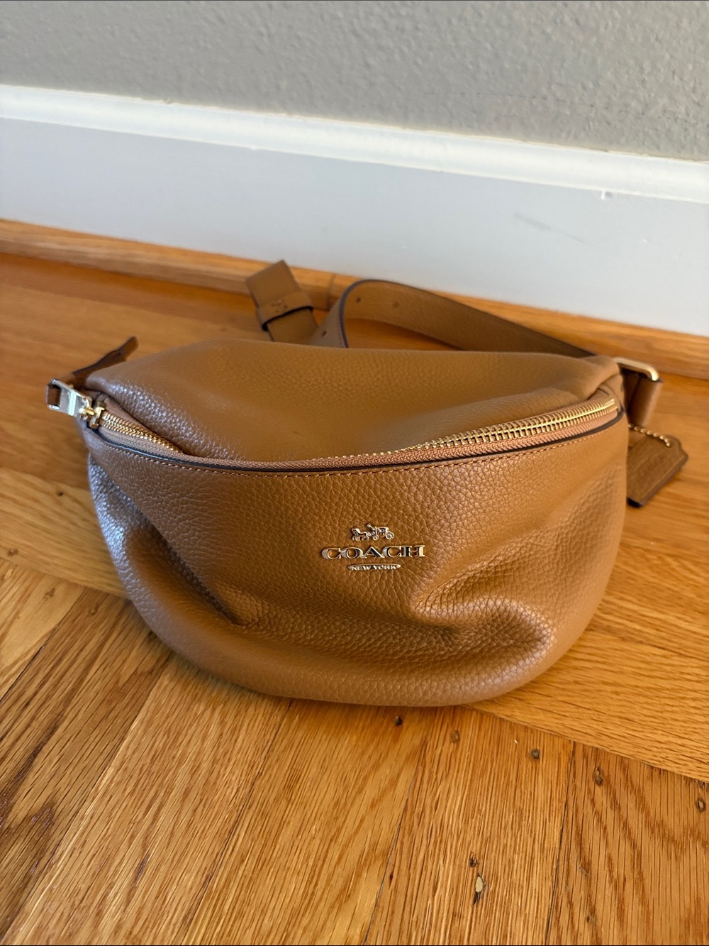 Coach Tan Pebbled Leather Crossbody Belt Bag with Gold Hardware